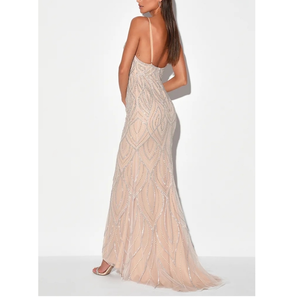 Luxe of a Lifetime Beige Beaded Mermaid Maxi Dress - Picture 3 of 13